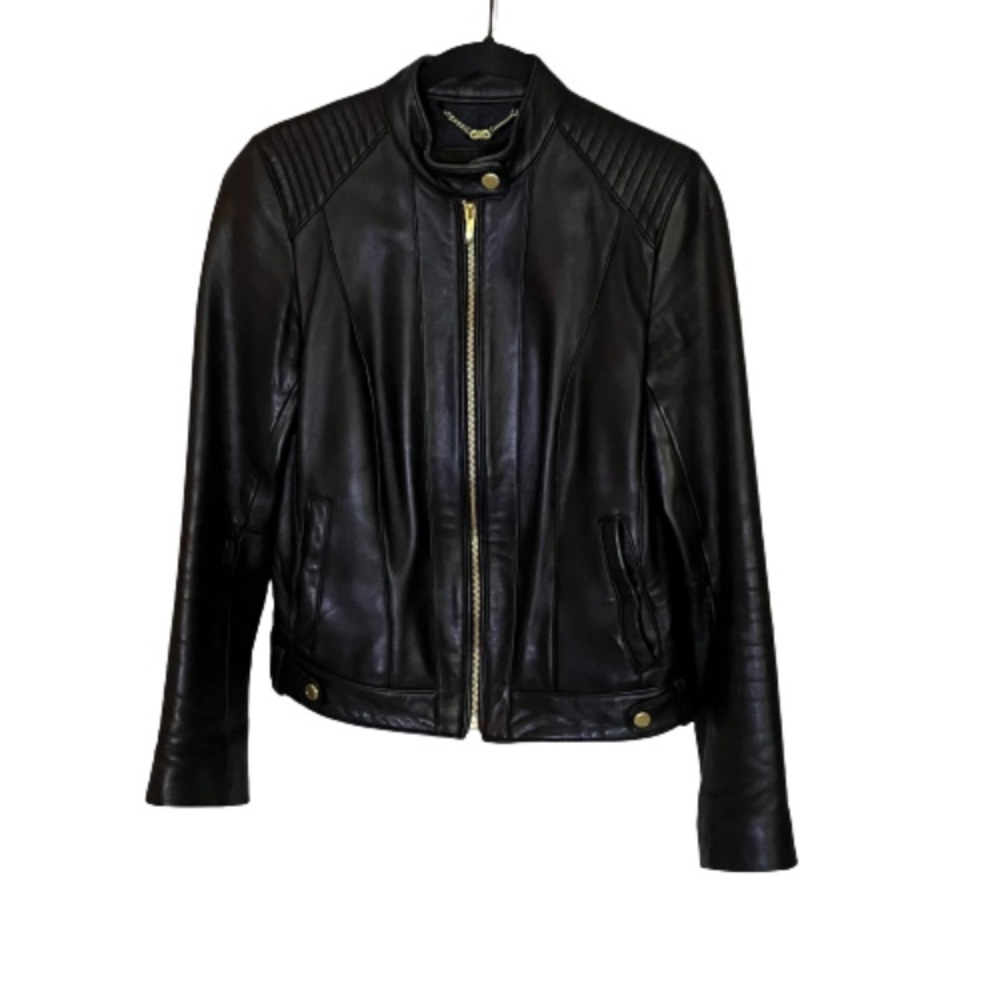 Cole Haan Lamb Skin Black Leather Moto Jacket Gold Hardware XS